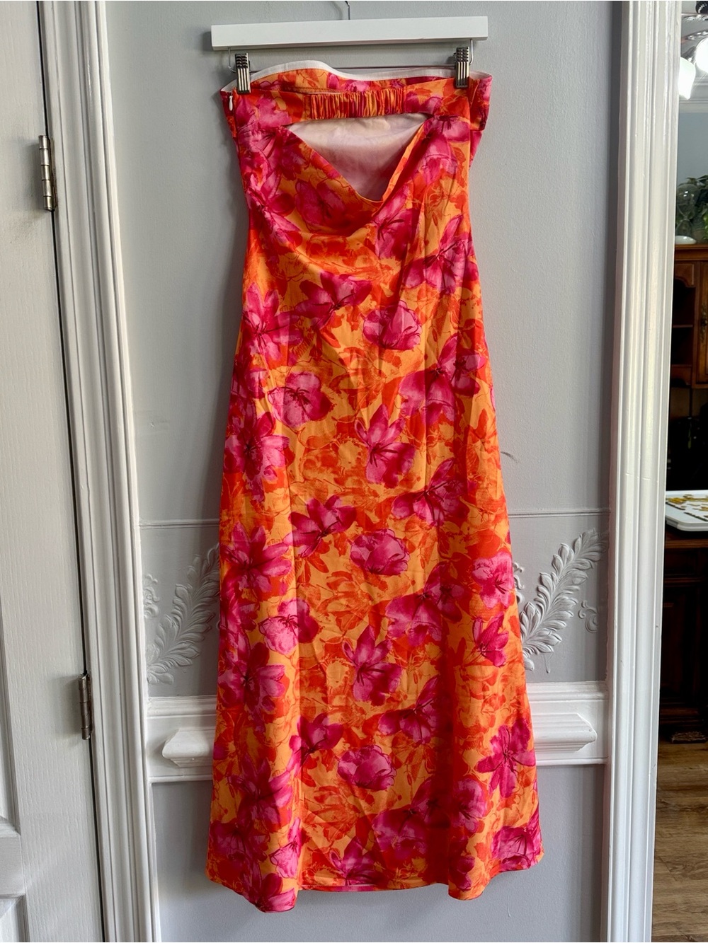 Bright Orange Maxi Dress with Hot Pink Floral Print - Picture 2 of 5